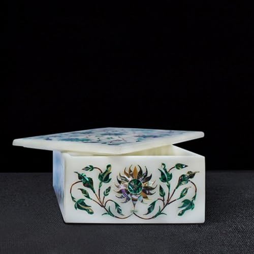 Boîte à bijoux en marbre blanc, malachite et ormeau d'exception