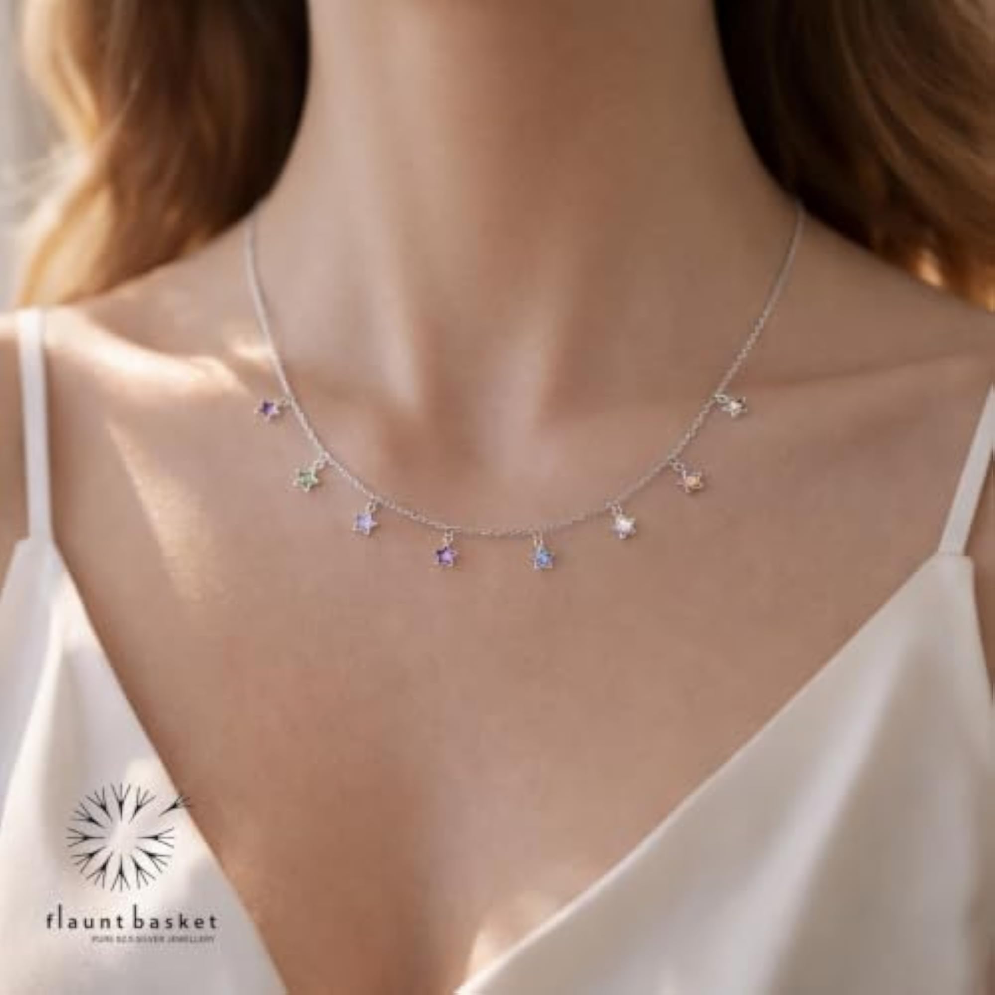Women's Sterling Silver Multicolor Star Crystal Dangle Necklace