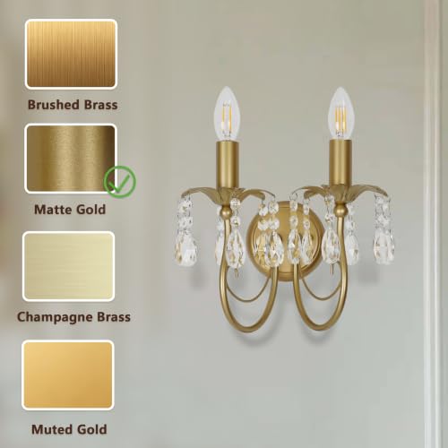 Image of 2-Light Vintage Crystal Wall Sconce, Antique Wall Lights with Gold Finish for Bedroom Bedside Living Room, Victorian Candle-Style