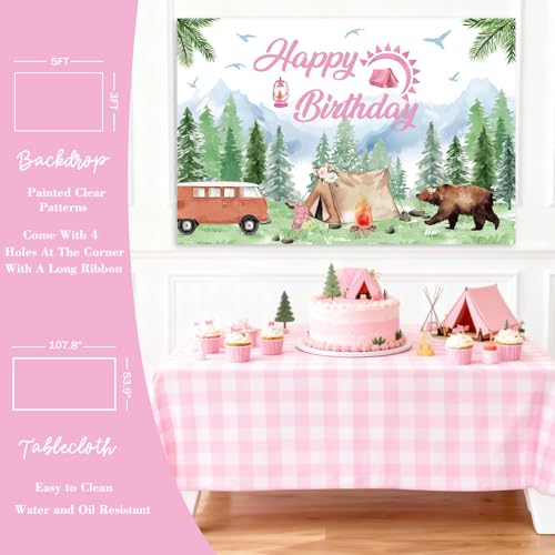 Hombae Camping Birthday Party Decorations, 102 Pcs Pink Happy Camper Party Supplies with Backdrop, Balloon Garland, Cake Topper, Tablecloth for Girls Camp Themed Birthday Party by Hombae - Image 5