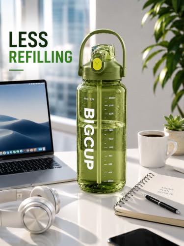 Image of Plastic Big Water Bottle 2.6 Liter with Straw Clear Motivational Time Marker Drink XL Jug with Handle for Sports Gym-Black (GREEN)
