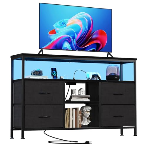 Sweetcrispy TV Stand Dresser for Bedroom 4 Drawers Entertainment Center with LED Lights and Power Outlets Media Console for 50 Inch TV Living Room Furniture with Open Shelf Adjustable Feet, Black