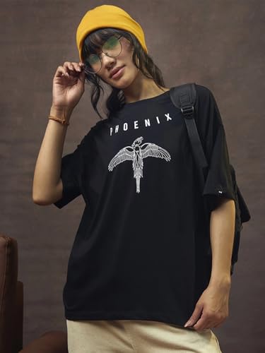 Image of Bewakoof Women's Cotton Printed Oversized Fit Half Sleeve Round Neck T-Shirt | Casual wear | Streetwear | Oversized Tshirt for Woman Cotton| Baggy
