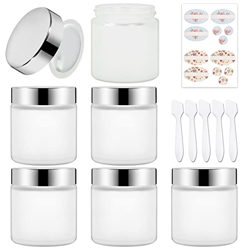 6 Pack, 4 oz 120 ml Frosted Glass Jars with Silver Lids & Inner Liners, Empty Matte Clear Round Refillable Cosmetic Containers Travel Jars for Cosmetics, Body Face Cream Lotion