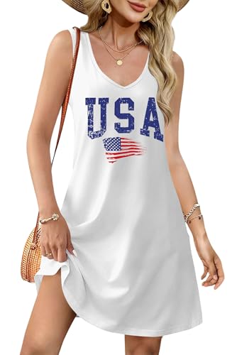 Image of LHBNK 4th of July Dress for Women: American Flag Tank Dresses Star Striped Splicing Loose V Neck Sundresses