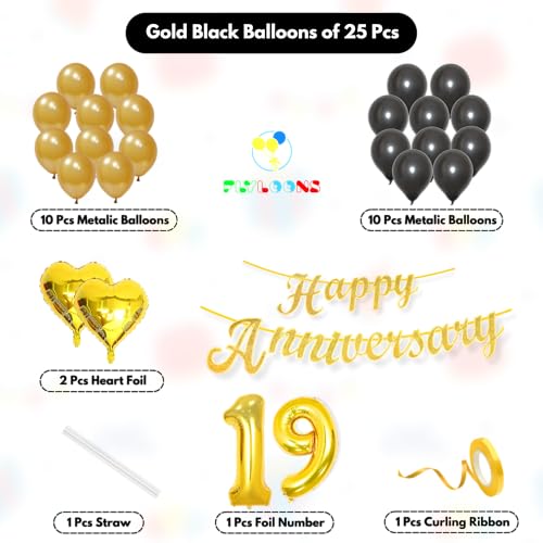 Image of Flyloons 19th Happy Anniversary Decoration Items Gold Black for Men Women Husband Wife Mom Dad Couple Home Bedroom Car With 20 Pcs Metallic Balloons Anniversary Banner 2 Pcs Heart Set Kit Golden