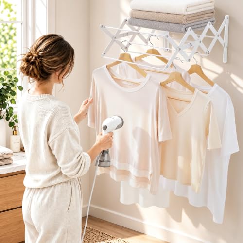 STORAGE MANIAC Wall Mounted Clothes Drying Rack Foldable Laundry Rack | 40lbs Load,9 Rods,16"Wx22"D,Antirust Steel,Accordion
