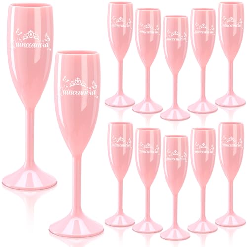 Honeydak 12 Pcs Copas Para Brindis De 15 Aos Pink Quinceaera Champagne Glasses 15th Birthday Gifts Quinceanera Toasting Flutes Plastic Wine Glasses 15 Birthday Party Favors for Guests (Quinceaera)