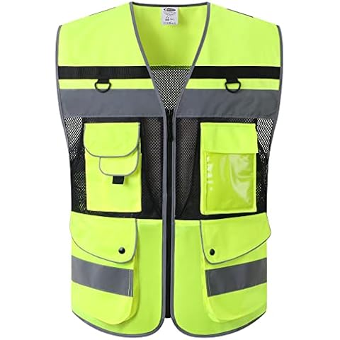 JKSafety 12 Pockets Class 2 High Visible Reflective Safety Vest Zipper Front Large Back Pockets Breathable and Mesh Lining ,Yellow-Black Meets ANSI/ISEA Standards(Medium, Yellow-Black-01) Cover