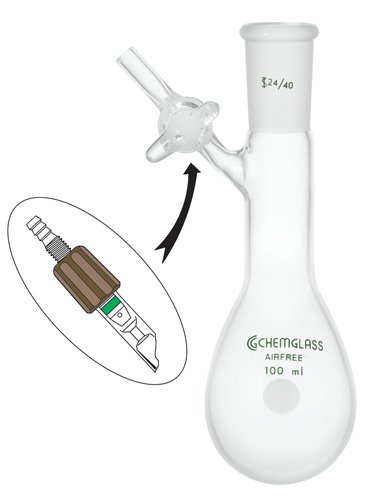 Chemglass AF-0520-25 Series AF-0520 Reaction Flask, Airfree, Schlenk, Valve, Single Neck, 14/20 Outer Joint, 200 mL Capacity