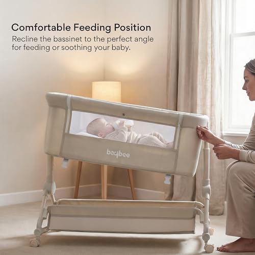 Image of BAYBEE Premium Bedside Crib for Baby with Rocking | Bassinet for New Born with 4 Height Adjustable & Recline | Baby Cot with Mosquito Net & Storage Box | Bedside Cribs & Cots for 0 to 2 Years (Kaki)