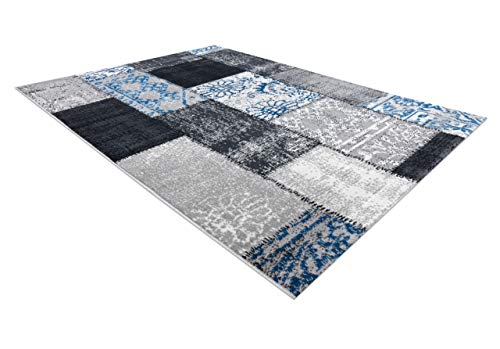 Tapis vintage gris bleu patchwork aux finitions soignées style rétro