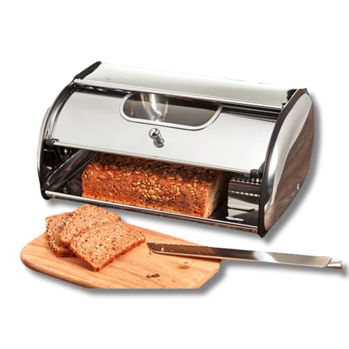 3 PAGEN® Brotkasten Edelstahl, Brotbox mit Sichtfenster, Aufbewahrungsbox für Brot, Brötchen und Kekse, Brotbehälter mit optimale Luftzirkulation, Brotaufbewahrung, Rollbrotkasten, 34x23x14,5 cm