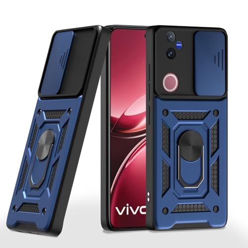 Image of Outlouders Back Cover for Vivo V50 5G | D10 Tough Armor 360 Protection Case with Sliding Camera Shield & Ring Holder Stand Bumper Case (Blue)