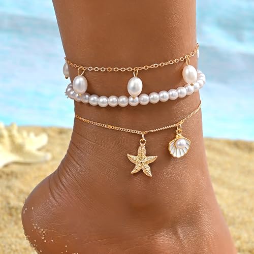 Image of iF YOU Gold Ankle Bracelets for Women, 14k Gold Plated Waterproof Cuban Link Chain Anklets Set, Layered Anklet Bracelets for Women Beach Gift Adjustable Size 5pcs