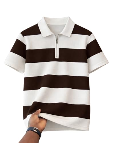 Image of AUSK Men's Cotton Rich Striped Polo Tshirt | Zip Collar Tshirts | Half Sleeves | Regular Fit T-Shirt for Mens Brown