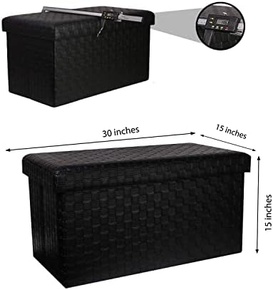 Bonlife Black Faux Leather Folding Ottoman Storage Boxes with Lids Storage Seat Bench Footstool for Living Room Kids Toy Storage Box 76.5x38x38cm