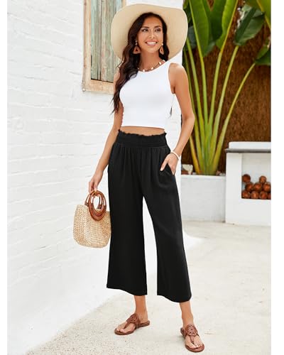 GRAPENT Capri Pants for Women High Waisted Wide Leg Linen Palazzo Trousers Pull On Elastic Smock Waist Loose Flowy Pants4