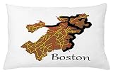 ABAKUHAUS Boston Kissenbezug, Boston Stadtplan USA Amerika, Dekorativer Kopfkissenhülle mit Beidseitiger Druck, 65 x 40 cm, Braun Gelb Rot