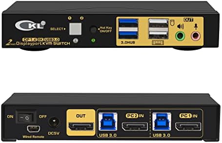 CKL 2 Port USB 3.0 KVM Switch DisplayPort 1.4 4K@144Hz 8K@30Hz for 2 Computers 1 Monitor, PC Screen Keyboard Mouse Peripheral Audio Sharing Selector Box with All Cables (62DP-4)