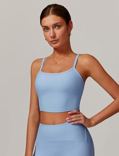 Image of Womens Scoop Neck Longline Sports Bras Fixed Cross Back Women Workout Crop Tank Tops with Built in Bra Active Wear Athletic Work Out Gym Yoga Padded Bra Tank Top Blue M