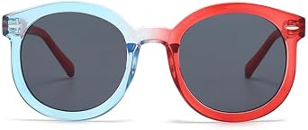 Round Two-Tone Sunglasses with Blue and Red Frames, Dark Gray Lens Protection, Fashion Eyewear