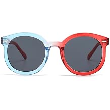 Round Two-Tone Sunglasses with Blue and Red Frames, Dark Gray Lens Protection, Fashion Eyewear