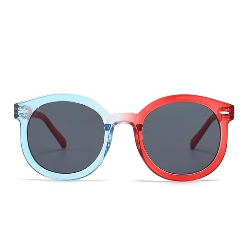 ZFVTFC Round Sunglasses with Two-Tone Blue and Red Frame, Dark Gray Lenses, Fashion Eyewear (1)
