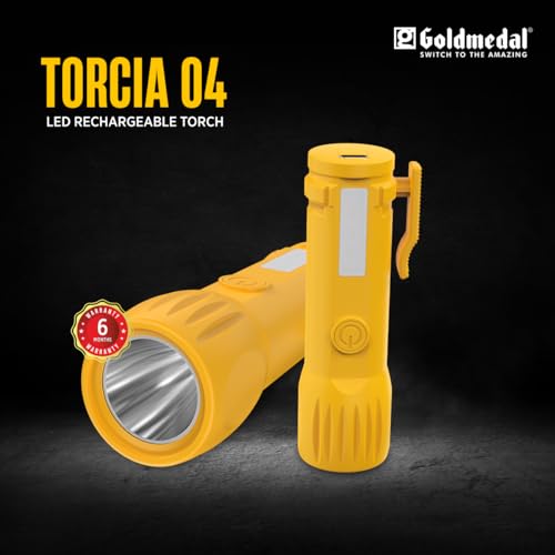 Image of Goldmedal Torcia 04 1+1W LED Rechargeable Torch - Cool Daylight (6500K) | 500 mAh Li-ion Battery | Battery Back-up Up to 2 Hours | Deep Discharge Protection | Type C Charging | Pocket Gripper