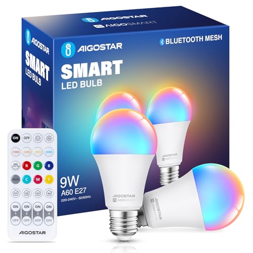 Aigostar Mesh - 9W Alexa Glühbirne Bluetooth Mesh A60, Smarte Glühbirne Funktioniert mit Alexa, Smart Bulb E27 LED 806LM RGB & 2700K-6500K, 2 Stücke (mit Bluetooth-Fernbedienung)