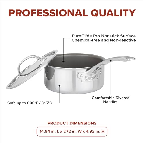 Image of Viking PureGlide Pro 3-Ply Nonstick Sauce Pan, Made without PFAS, 2-Quart Induction Cooking Pot with Lid, Metal Utensil Safe Titanium Nonstick Surface, Oven Safe to 600F