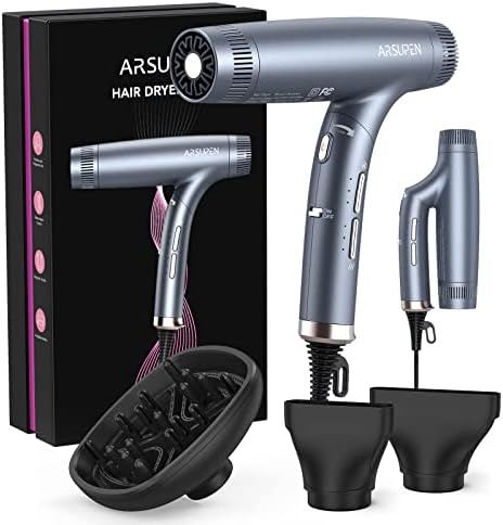 Arsupen Professional Hair Dryer with Powerful Brushless Motor, Lightweight Foldable Dual Ionic Blow Dryer, High Speed for Fast Drying with Magnetic Nozzle, 12 Modes, Super Quiet, for Travel Salon Home