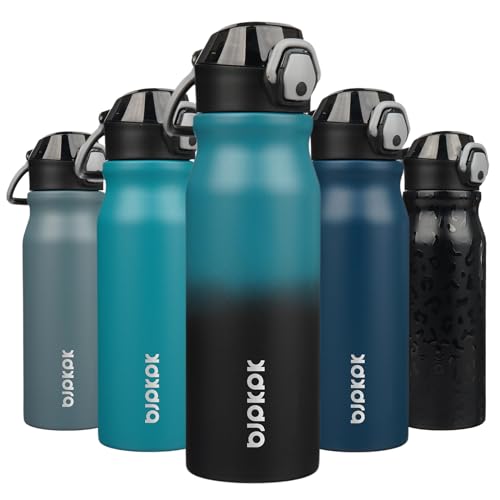 Image of BJPKPK 25 oz Insulated Water Bottle, Straw, Handle, Stainless Steel Flask | Leak Proof Locking Lid, Thermal, Double Wall Vacuum, Keeps Hot /Cold, Dishwasher Safe, Travel & Sports, Indigo Black
