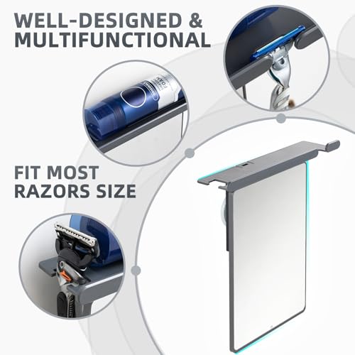 Image of TAILI Shower Mirror Fogless for Shaving with Razor Holder - Anti-Fog Suction Mirror, Shatterproof & Removable, Mounted for Bathroom Makeup & Shave, Grey