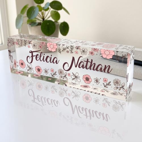 Image of Personalized Clear Acrylic Desk Nameplate | Pink Floral Design Custom Office Decor Beautiful Botanical Gift for Women