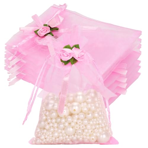 joycraft 4x6 In Organza Bags with Rose, 30Pcs Pink Wedding Party Favor Bag, Jewelry Pouches with Drawstring, Sheer Mesh Drawstring Bags for Jewelry, Makeup, Candy, Desserts