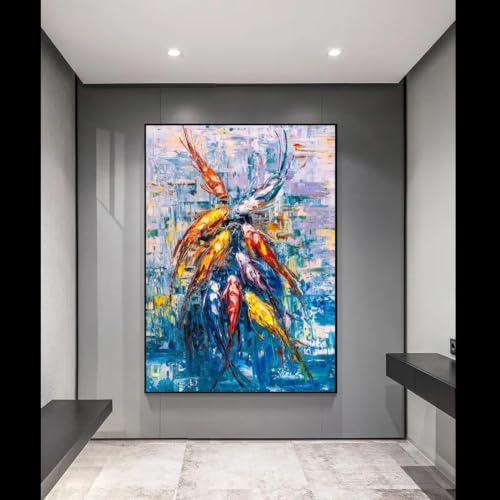 Tableau abstrait poissons bleus sur toile haute définition 60x90cm décoration murale