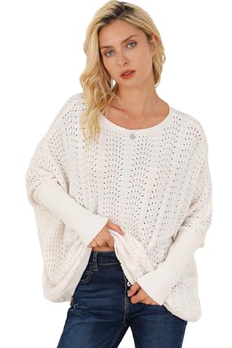 Women's Stylish Beige Ribbed Hollow Knit Dolman Sleeve Sweater