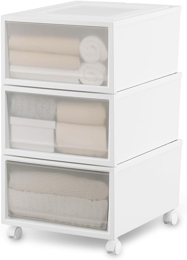 NSBC-500-3C Nesting Box Storage Case, Chest Garment Case, Width 15.7 x Height 9.3 x Depth 19.7 inches (40 x 23.5 x 50 cm), Clothes Storage, 3 Tiers, Wheels, White/Clear