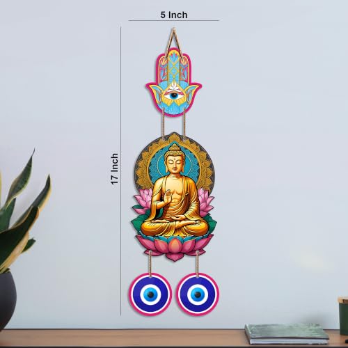 Image of Artvibes Buddha Lotus Wall Hanging with Hamsa Hand & Evil Eye Charms | Decorative Spiritual Hanging for Positive Energy | Wooden Home Decor for Living Room | Office | Religious Art Gift (WH 8597N)