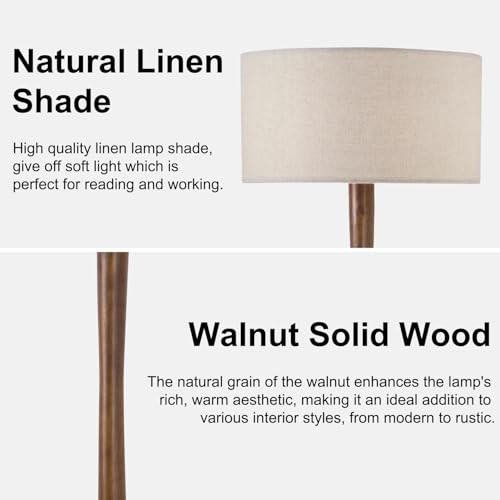 Image of 62 inch Tall Rustic Walnut Wood Floor Lamp with Large Linen Shade, Beige