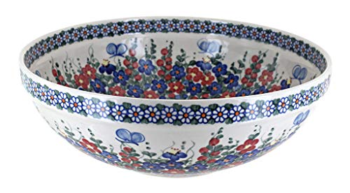 Blue Rose Polish Pottery - Red Garden Butterfly Large Serving Bowl - 13" Diameter - Perfect Serving Bowl for Pasta & Salad, Durable & Dishwasher Safe