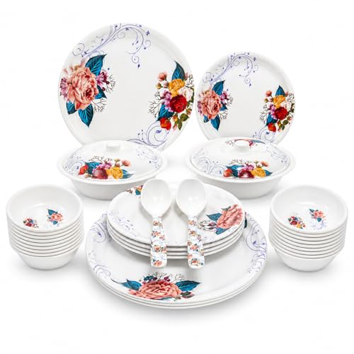 Image of Arova 32 Pieces Melamine Dinner Set for 6 Persons | Unbreakable & Lightweight Crockery Set | Floral Design Plates & Bowls Set | Serving Bowls, Spoons & Lids | Dishwasher Safe Dinnerware Set