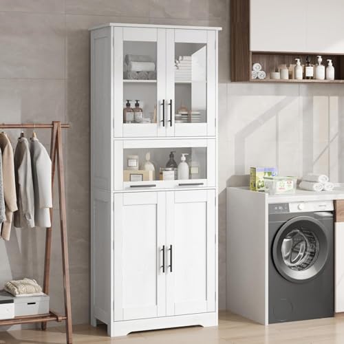 GarveeMore Armario Baño Suelo, Columna Baño con Puertas de Vidrio, Mueble Multiusos para Entrada y Salón, Blanco, 60×30×170 cm