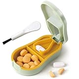 Pill Cutter Splitter for Small and Tiny Pills - Pill Cutter 1/4 - Accurately Cuts Multiple Pills - Easy Open Snap Button. Detachable Nonslip V-Shaped Pad. Wrap-Around Blade Guard. Back Storage (Cyan)