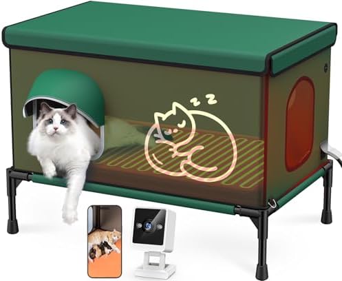 Heated Outdoor Cat House with Camera, 100% Waterproof & Insulated Cat Shelter for Winter, Escape Door for Safety, for Feral Stray & Barn Cats (Green)