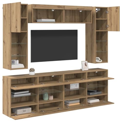 vidaXL Ensemble de Meuble TV Mural avec LED 6 pcs Chêne Artisanal, Meuble TV Mural Moderne, rectangulaire, Rangement spacieux, éclairage LED RGB, Design...