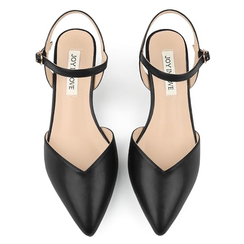 Image of JOY IN LOVE Women's Pointed Toe Kitten Heel Pumps, Ankle Strap Low Heel Work Dress Shoes
