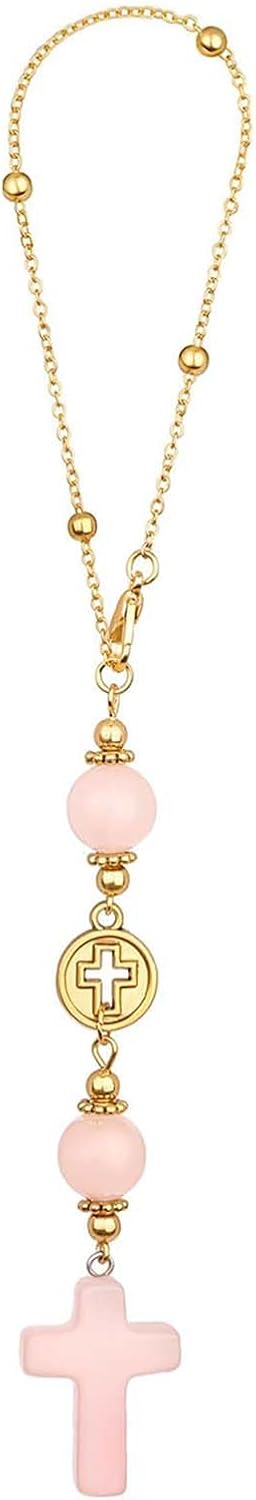 Cross Rose Quartz Car Rearview Mirror Rosary, Crystal Cross Car Decor