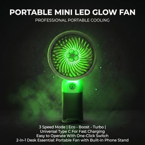 Image of Portable Mini Hand Fan| LED Glow| 3 Speed Mode| Type-C Fast Charging| Mobile Stand| Mini Fan| Travel, Home, Kids & Office Use (Pack Of 1 (Any 1 Color Set))